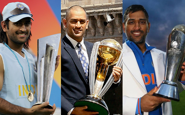 MS Dhoni with trophies