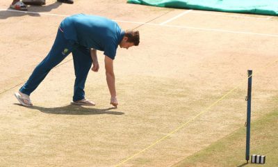 Steve Smith inspecting the pitch in Indore