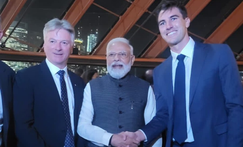Indian PM Narendra Modi with Pat Cummins and Steve Waugh
