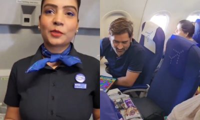Airhostess serving chocolates to MS Dhoni