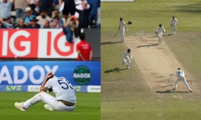 Ben Stokes dejected after dropping a catch in Ashes 2023 (left). Nathan Lyon drops runout chances in 2019